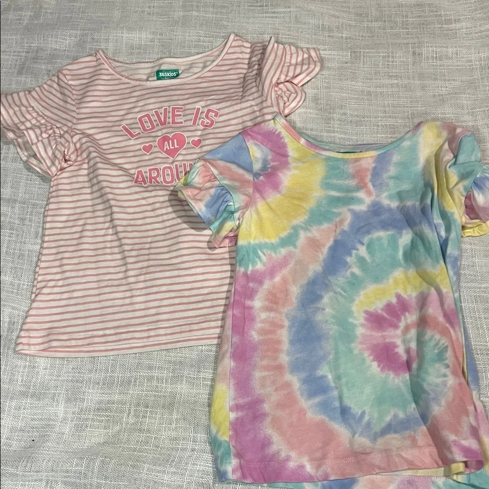 365KIDS TIE DYE $ PINK STRIPED SHIRT WITH RUFFLE SLEEVES SET OF 2